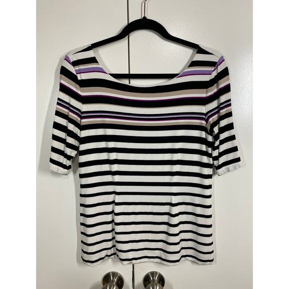 WHBM Striped Short Sleeve Round Neck Stretch Top MEDIUM - Picture 7 of 9